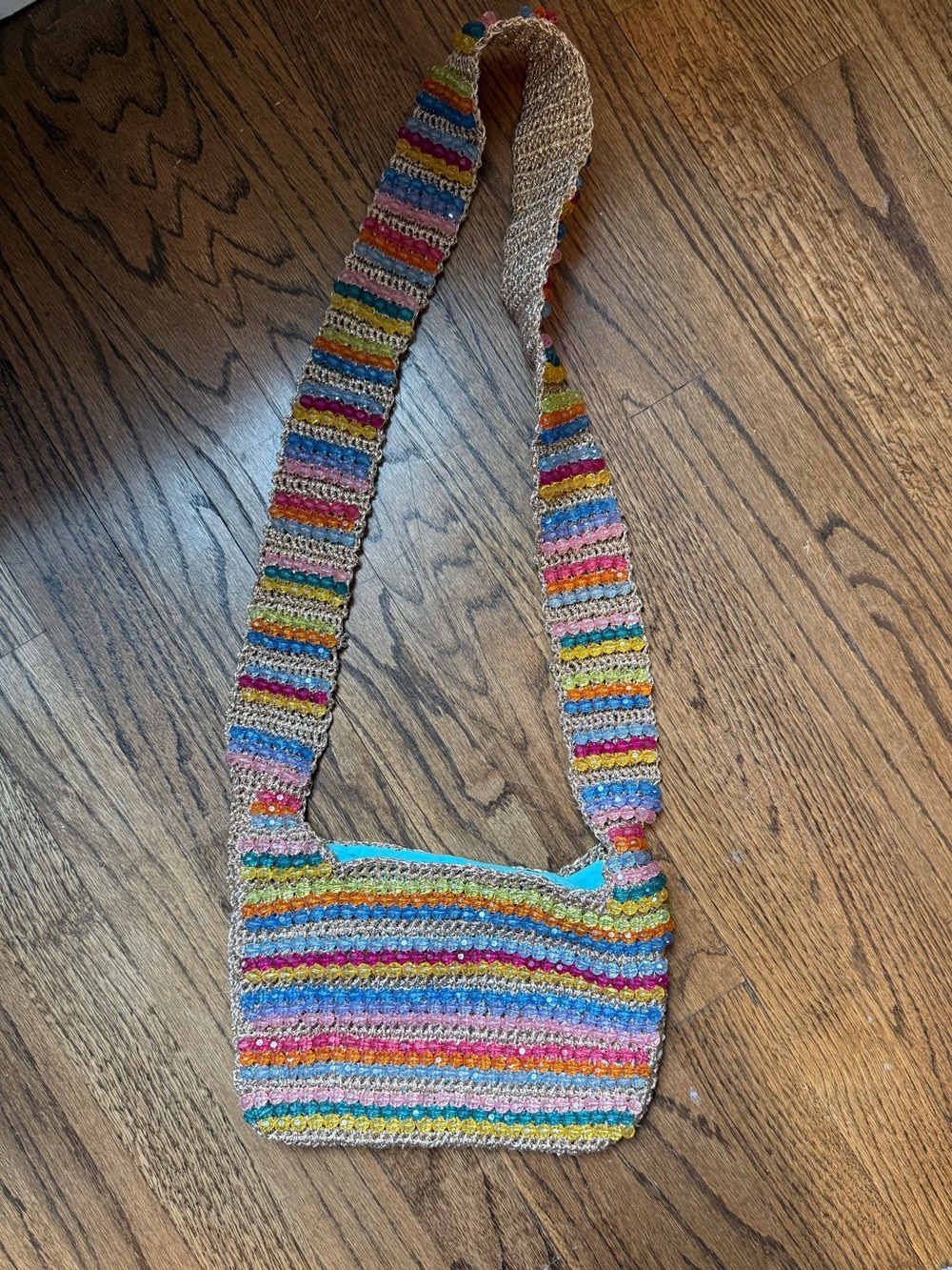 Susan Alexandra Multicolor Crochet Crossbody Bag with Turquoise Lining